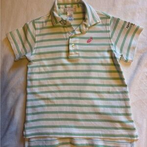 The Beaufort Bonnet Company White Polo with Green Stripes and Pink Flamingo